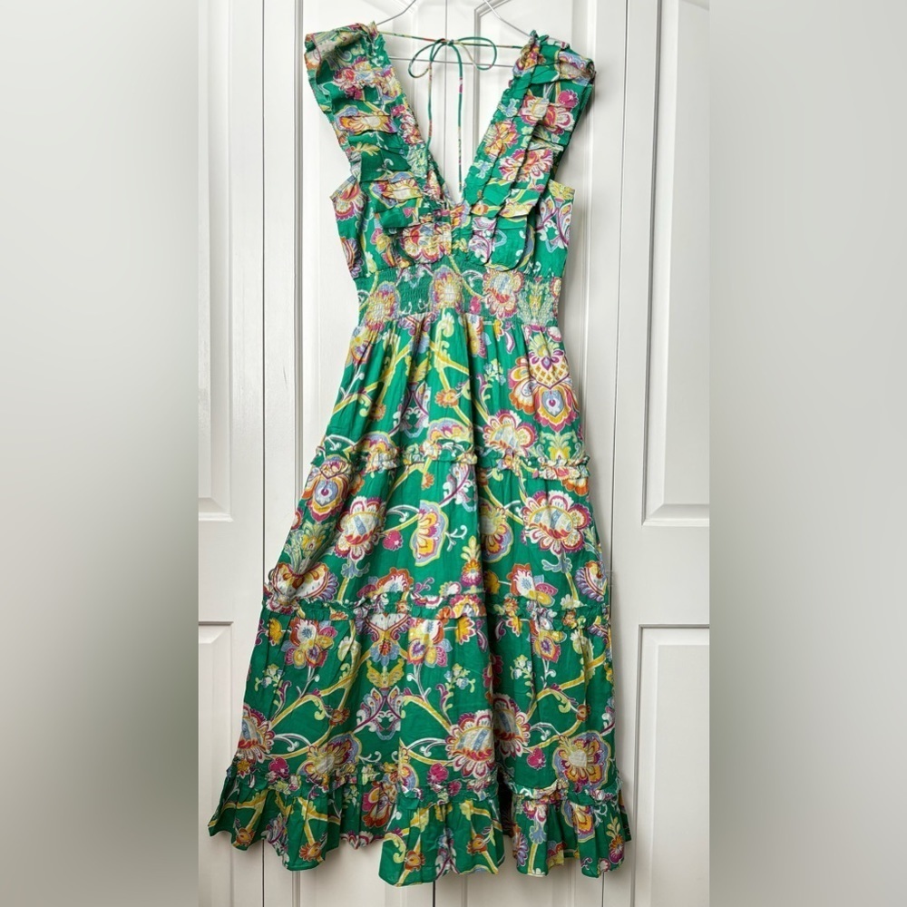 Caroline Constas Green Tiered Ruffle Sleeve Paisley Floral Cotton Sundress